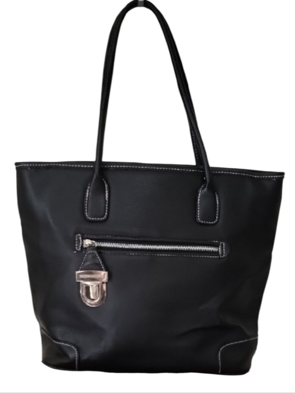 Victoria's Secret Black Leather-Look Tote with Front Zip and Silver Hardware